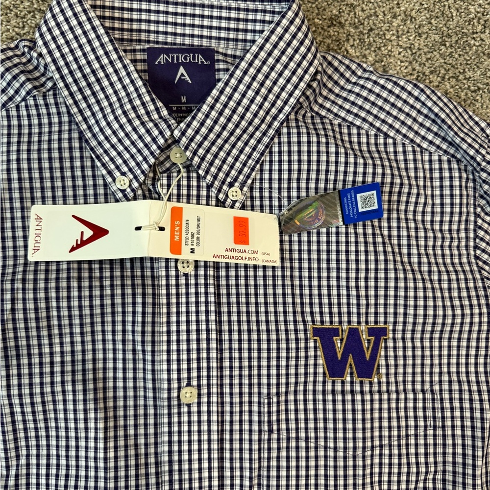 Washington Huskies Antigua Blue Casual Button Down Shirt